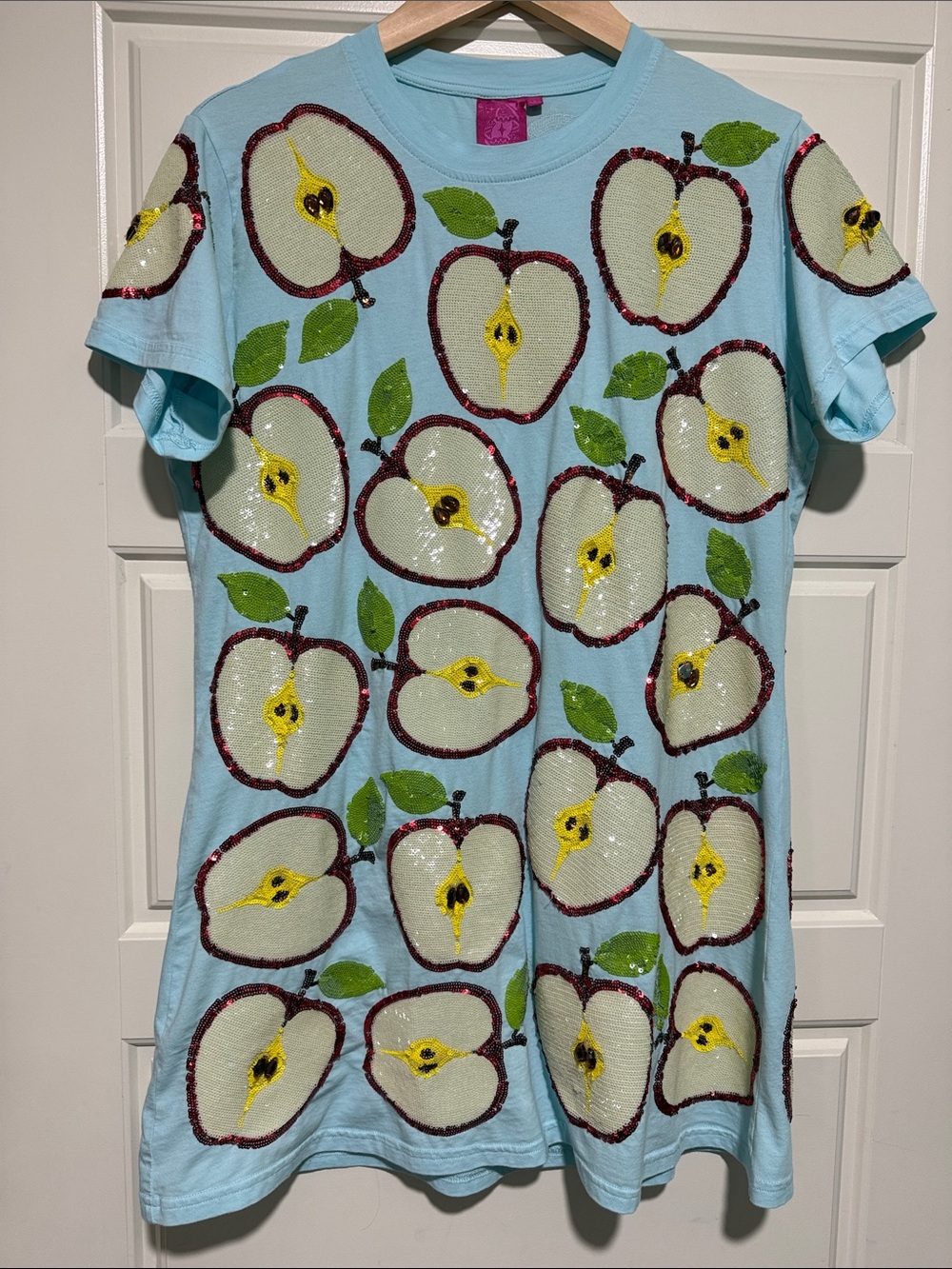 QUEEN OF SPARKLES apple slice dress in blue sequined beaded S mini rare